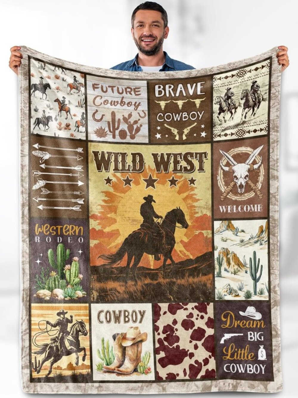 Western Cowboy Blanket Gifts for Men Kids Boys Wild West Print Rustic Country Na